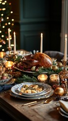 A beautifully arranged holiday table featuring a roast turkey centerpiece. Flickering candles and festive decorations create an inviting atmosphere. Generative AI