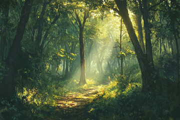 Fototapeta premium Peaceful green forest with sunlight filtering through tall trees in a natural setting