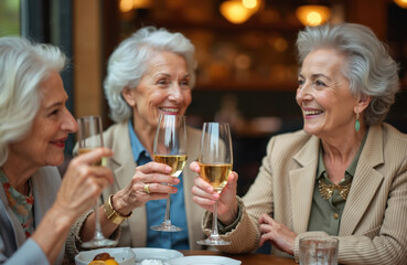 Elderly women enjoy champagne or wine at restaurant. Smiling seniors celebrate friendship, retirement or special occasion. Friends toasting at party. Beautiful, happy older ladies at leisure.