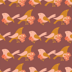 Whimsical seamless pattern with birds and bold florals folk-inspired vector