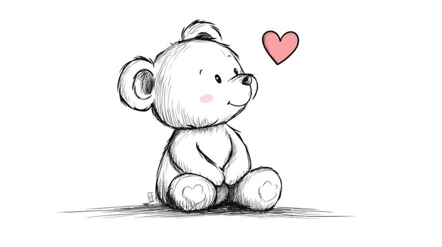 Naklejki Teddy Bear Continuous Line Drawing with Heart Illustration for Creative Projects