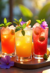 Fototapeta premium vibrant iced cocktails colorful glasses fresh garnishes refreshing summer drinks, beverage, fruit, lemon, lime, berry, mint, orange, refreshment, syrup