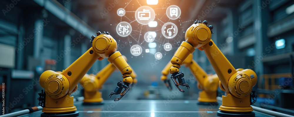 Poster yellow robotic arms in automated manufacturing. robots work in production line process. industrial a