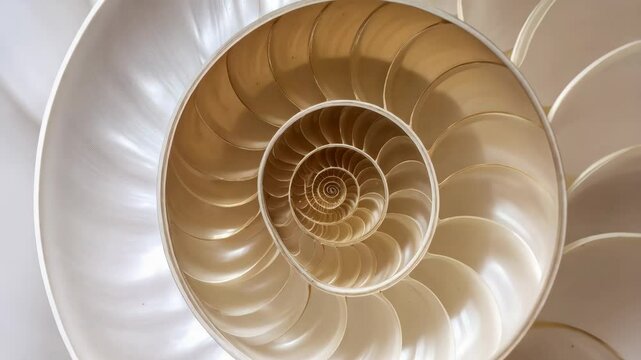 Detailed macro shot of nautilus shell interior showcasing intricate spiral patterns and creamy white, beige sections revealing the natural geometric shapes.