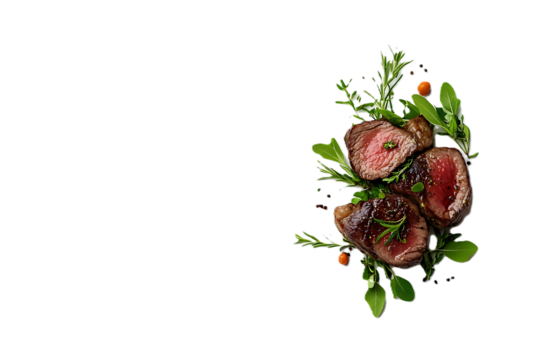 Grilled steak herbs floating on plain white background premium meat image perfect for restaurant menus and butcher shop branding