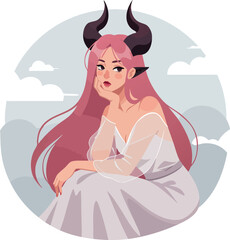 Female demon character with long pink hair and black horns in white dress vector illustration 
