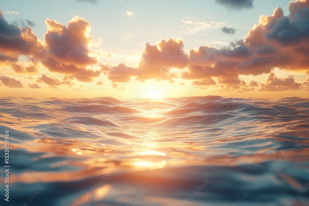 Poster sunset over the ocean showing vibrant colors and calm waves in the horizon during late evening hours