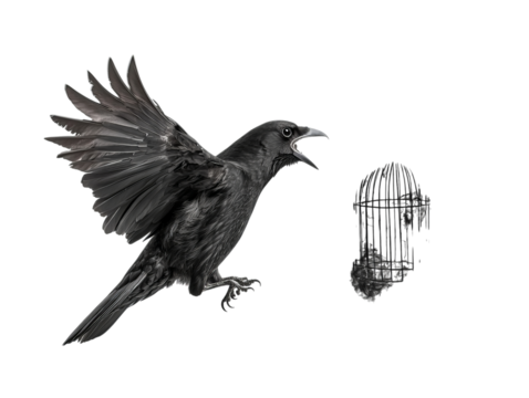 A striking black crow with wings spread wide, vocalizing near an empty birdcage, symbolizing freedom and its longing.