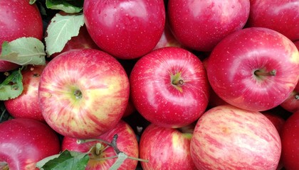 Red apples with leaves, closeup with top view, Red apple patterns, Top view of bright 