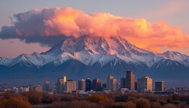 Panoramic view of Mount with snow-capped peaks, alpenglow during sunset above Salt Lake City, Utah. Skyline of city skyscrapers, urban landscape merge with nature. Scenic winter panorama with snow, - Powered by Adobe