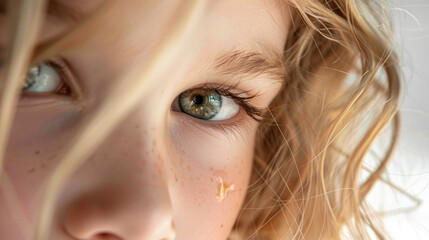Young girl with curly blonde hair and captivating green eyes, highlighting her freckles and innocence in a softly lit environment, emphasizing natural beauty