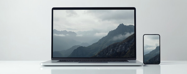 Fototapeta premium Laptop mobile phone mockup on white surface. Digital devices mock up, display screens showcase mountain landscape photo. Modern devices with empty space for web design, presentation or advertising.