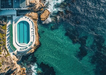 An aerial view of an ocean pool in the rocks at Bondi Beach, top-down perspective, drone photography style A large outdoor swimming pool with white edges and green walls next to it Generative AI