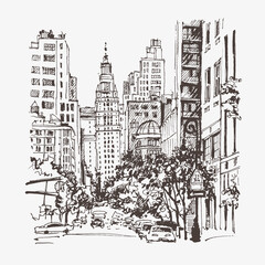 Architecture sketch illustration. Travel sketch of New York, USA. Liner sketches architecture of the street. Freehand drawing. Sketchy line art drawing with a pen on paper.