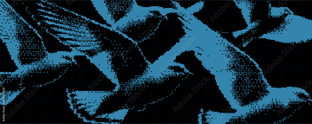 Poster digital art depicting a flock of birds in flight against a dark background, showcasing abstract patt