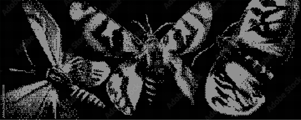 Poster detailed digital representation of three moths showcasing intricate patterns and textures captured i