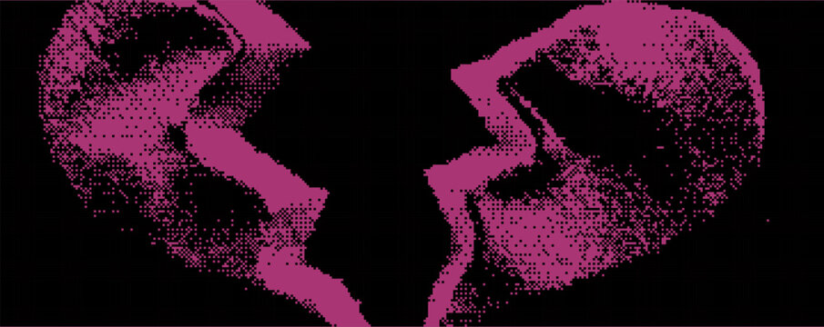 Heartbreak visualized through a fractured heart design in vibrant pink tones set against a dark background