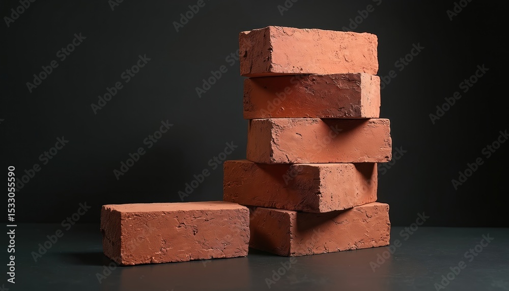 Poster stack of red clay bricks against black background. construction material, building element for desig