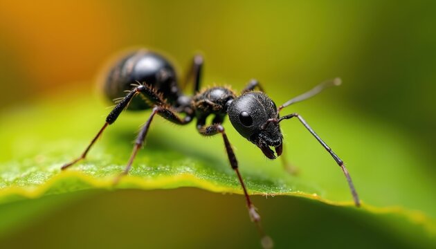 Macro photo of common black ant Formica fusca insect on green leaf. Close-up of insect with detailed texture. Fauna, wildlife, pest, nature. Ant on leaf with black details, antennae.