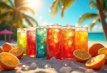 chilled soda cans ice citrus slices refreshing beverage summer party cool drink, lemon, lime, refreshment, fizz, carbonation, mint, condensation, glass