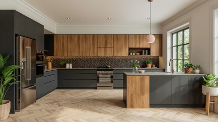 Modern kitchen design featuring wood and gray cabinetry with natural light in a spacious layout