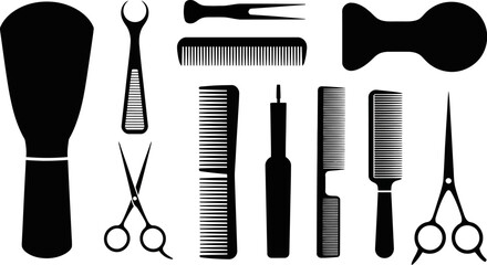 A collection of various black and white hair styling tools displayed on a white background