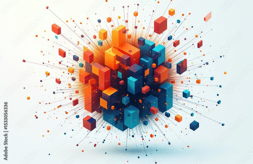 Aufkleber Illustration of exploding cube data network in blue, orange on white background. Tech structure, modern pattern with digital connections, information flow. Innovation, communication for web design.