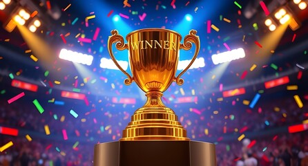 Champion’s Glory: glittering gold Trophy Victory Celebration Under Stadium Lights, colorful confetti, bold WINNER engraving; Perfect for sports event advertisements, winner announcements, social media