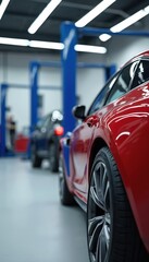 Modern auto repair shop interior. Bright lighting illuminates shiny red car. Blue vehicle lifts, equipment, professional service for automotive needs. Focuses on engineering, technology, detailing,