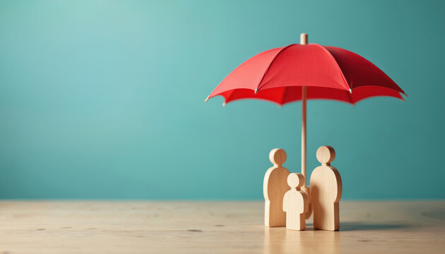 Wooden family figures under red umbrella representing health insurance, safety, family protection, healthcare concept. Symbol of protection security, care, life insurance, money investment, health