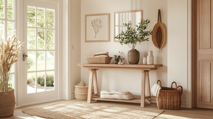 Cozy and Bright Entryway with Natural Decor Elements and Minimalist Design in a Sunlit Home Environment