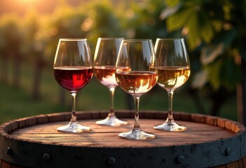 Naklejka premium elegant wine glasses displayed rustic oak barrel natural wood texture color depth, arrangement, elegance, reflection, crystal, transparent, toast, alcohol