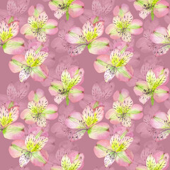 Watercolor Alstroemeria Seamless Pattern, Pink and Yellow Floral Repeat, Hand-painted Spring Flower Fabric, Gentle Artistic Floral Design, Impressionist Botanical Print