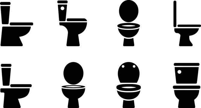 Illustration showing a variety of toilet designs in black silhouette on a white background