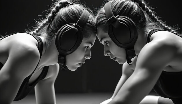 Two young female wrestlers face off. Athlete girls stand at close range. High school girls compete, fight, sport. Black and white photo shows competition. Fight with heads on head.