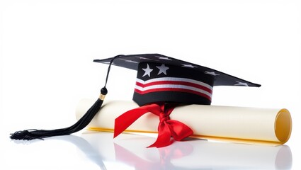Graduation cap with American flag pattern and diploma on white background. Clean, minimal image symbolizing academic success and U.S. education.