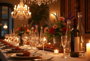 elegantly arranged wine bottles glasses lavish table setting stylish atmosphere refined decor generous spread sophisticated dining experience, arrangement