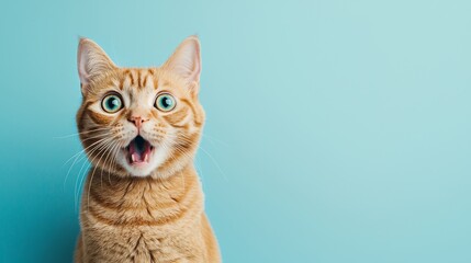 Wide-eyed orange tabby cat on blue background looking surprised. concept of adorable pet, playful feline expression, funny animal, copy space