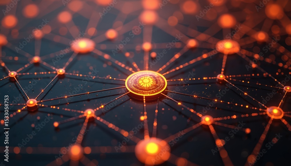 Aufkleber Futuristic network design with glowing connections. Abstract digital background of connected nodes. Representing data flow, communication, tech, innovation, cyberspace. Modern design, for data