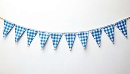 Obraz premium Blue white checkered bunting banner on white background. Festive decor for celebration, party, event. Garland blue-white gingham flags for decoration. Perfect holiday backdrop.
