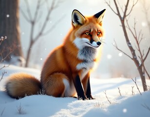 Red fox sits snow in winter. Orange fur, bushy tail. Wildlife animal in natural habitat, cold season landscape. Front view on snowy field. Winter scenery.
