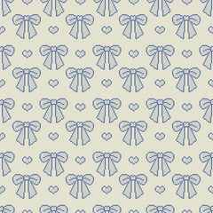 Seamless pixel art pattern with cute blue bows and hearts. Retro 8-bit style. Perfect for fabric, wrapping paper, wallpapers, or digital design projects.