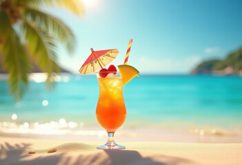 tropical beverage colorful umbrella sandy beach refreshing drink summer vibes relaxation sunshine vacation, margarita, juice, lemonade, sunset, island
