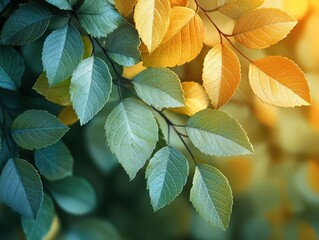 Tree Branches with Leaves Shifting from Green to Orange — Conceptual Nature Image of Seasonal Transition and Harmony