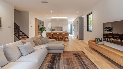 Modern Living Room with Cozy Sofa, Stylish Kitchen, and Bright Open Space in Contemporary Home Design