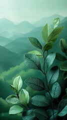 Green Leaves with Mountain Mist Background — Textured Botanical Illustration for Nature, Eco, and Wellness Themes