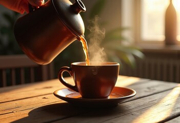 coffee pouring stream ceramic mug rustic wooden table warm cozy home atmosphere morning ritual comfort beverage, steam, caffeine, hot, brown, cream, textile