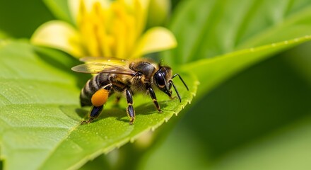 Fototapeta premium Honey bee on flower close up macro shot pollination foraging insect nature wildlife photography detail