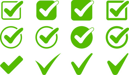 A collection of green check marks in various shapes isolated on a white background design graphic