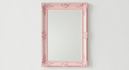 Pink ornate mirror against white wall